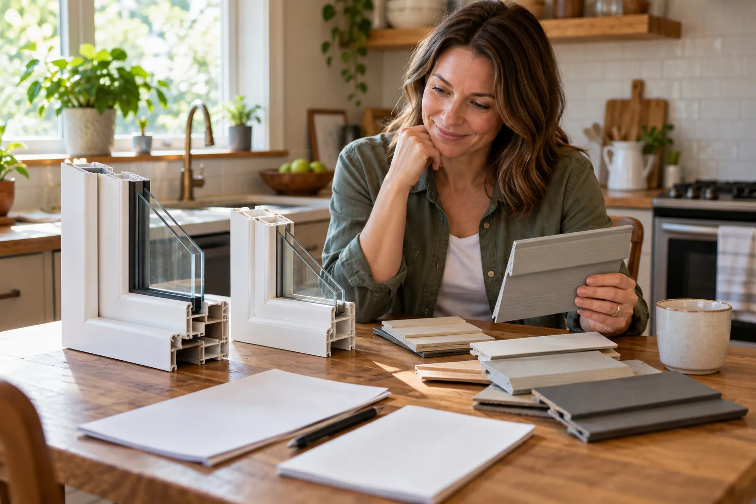 Homeowner comparing window and siding samples at a kitchen table in the Los Angeles area