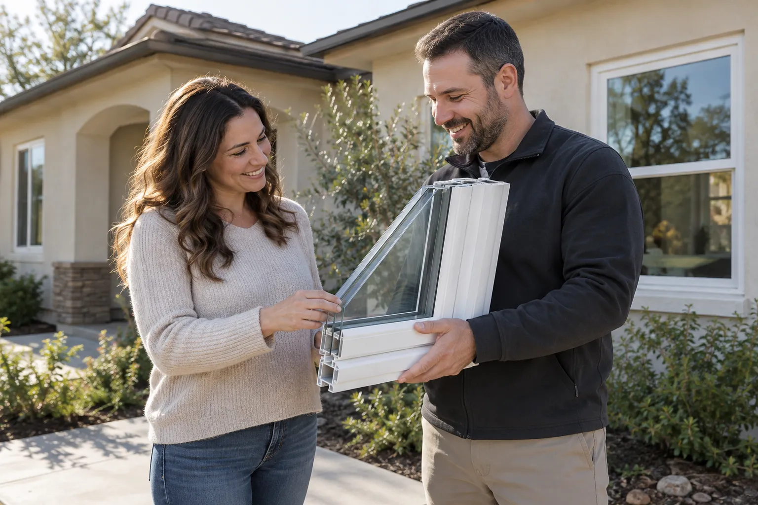 A friendly provider and homeowner reviewing new windows at a home in Los Angeles